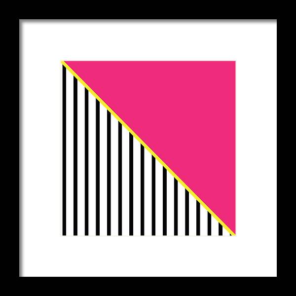 Pink Yellow White Black Stripes Lines Triangles Geometricshapes Abstract Contemporary Trending Styles On Trend Home Decor Bedroom Art Kitchen Art Living Room Art Gallery Wall Art Art For Interior Designers Hospitality Art Set Design Pillow Home And Garden House Beautiful Art By Linda Woods Framed Print featuring the digital art Yellow Pink And Black Geometric 2 by Linda Woods