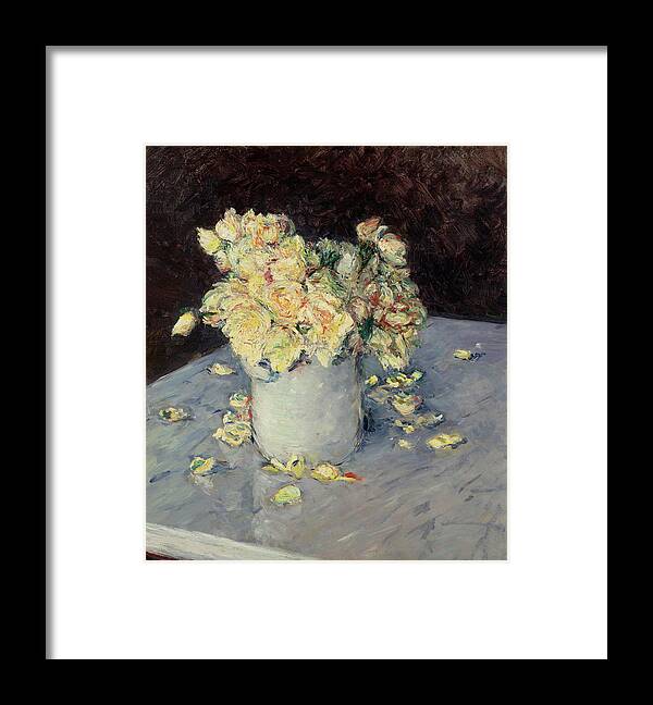 Yellow Roses Framed Print featuring the painting Yellow Roses in a Vase by Gustave Caillebotte 1882 by Movie Poster Prints