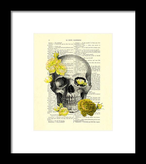 Skull Framed Print featuring the digital art Skull with yellow roses dictionary art print by Madame Memento