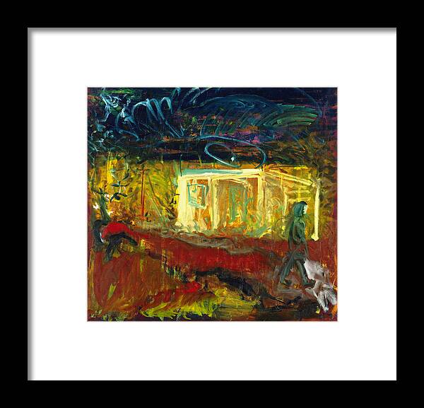 Cyprus House Darkness Blue Yellow Widows Doors Person Woman Walking White Framed Print featuring the painting Yialia by Joan De Bot