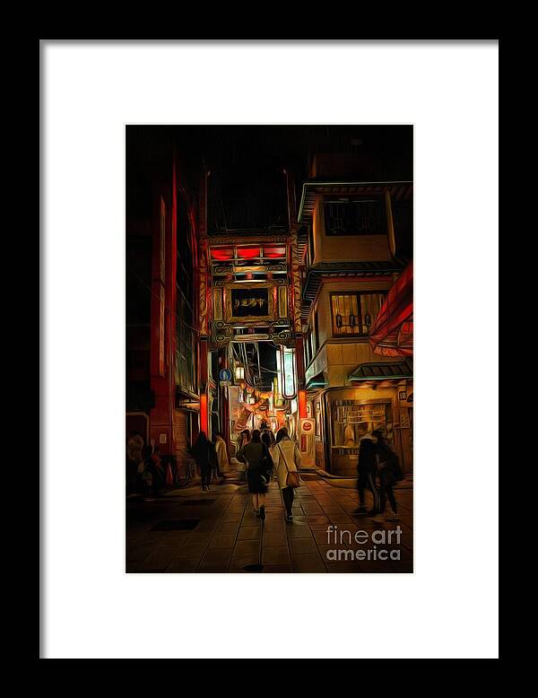 Yokohama China Town Framed Print featuring the digital art Yokohama Chinatown at Night by Eva Lechner
