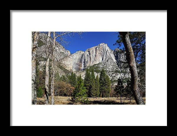 California Framed Print featuring the photograph Yosemite Falls through the trees by Roslyn Wilkins