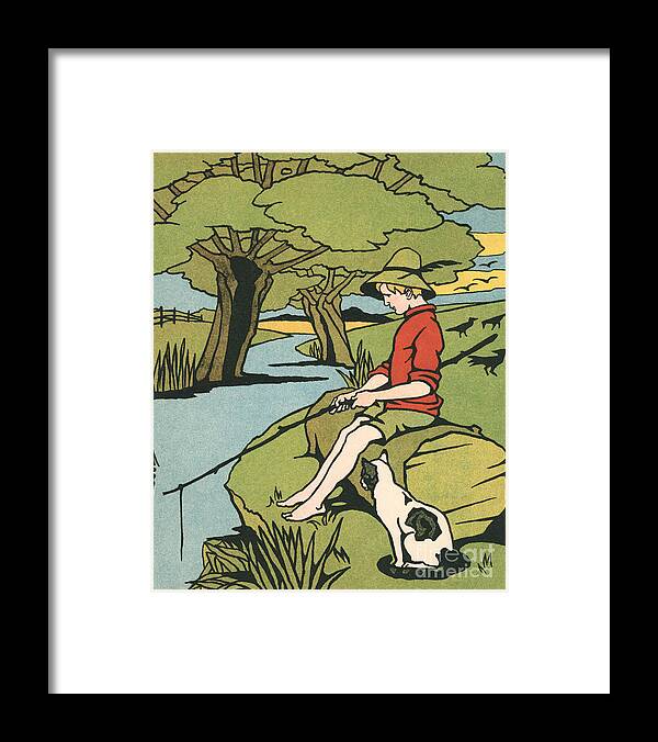 Vintage Framed Print featuring the painting Young boy sitting on a log fishing in a small river in the country with his cat by American School