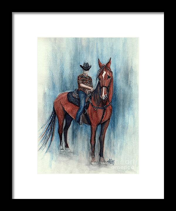 Cowboy Framed Print featuring the painting Young Cowboy on a Western Horse by Janine Riley