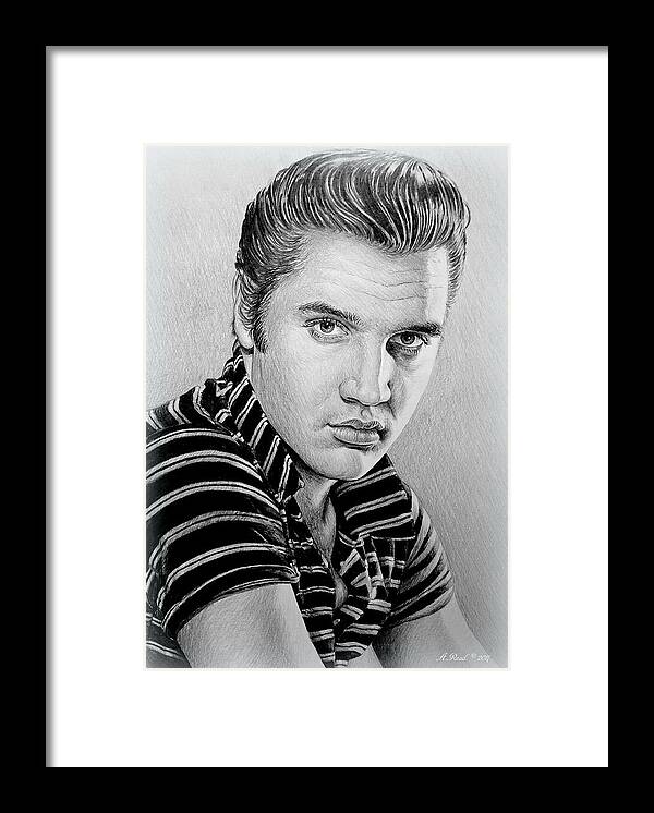 Elvis Framed Print featuring the drawing Young Elvis bw by Andrew Read