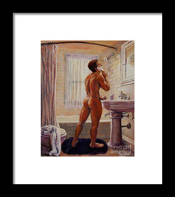 Bathroom Framed Print featuring the painting Young Man Shaving by Marc DeBauch