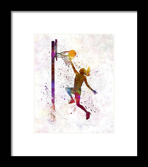 Young Woman Player In Watercolor Framed Print featuring the painting Young woman basketball player 04 in watercolor by Pablo Romero