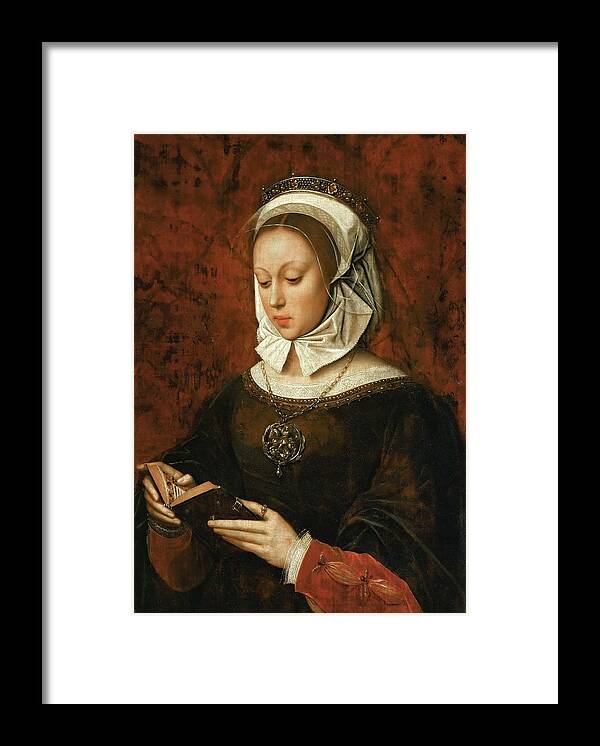 Italian Art Framed Print featuring the painting Young Woman in Orison Reading a Book of Hours by Ambrosius Benson