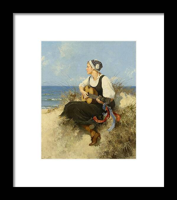 Hermann Seeger 1857 - 1945 Young Woman With Guitar At The Beach Framed Print featuring the painting Young Woman With Guitar At The Beach by Celestial Images