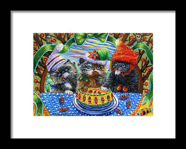 Kittens Black Framed Print featuring the painting Yummy Fish Cake by Jacquelin L Westerman