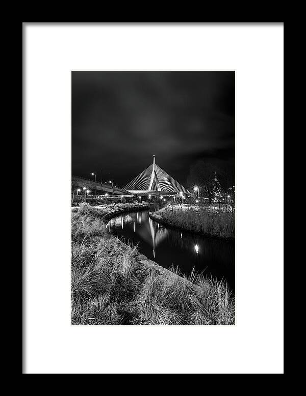 Zakim Bridge Framed Print featuring the photograph Zakim Bridge Reflecting under a Moody Sky by Kristen Wilkinson
