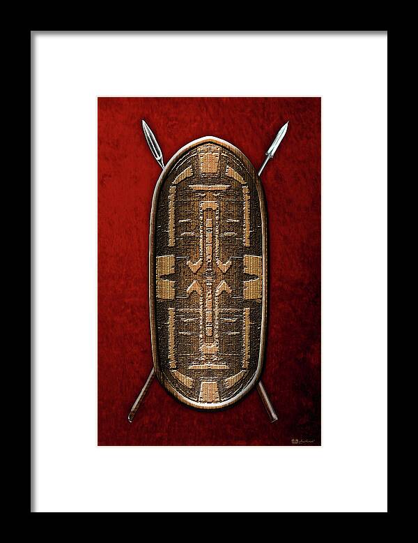'war Shields' Collection By Serge Averbukh Framed Print featuring the digital art Zande War Shield with Spears on Red Velvet by Serge Averbukh
