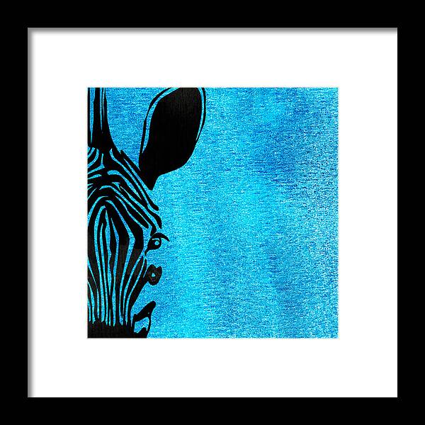 Zebra Framed Print featuring the painting Zebra Animal Blue Decorative Poster 3 - by Diana Van by Diana Van