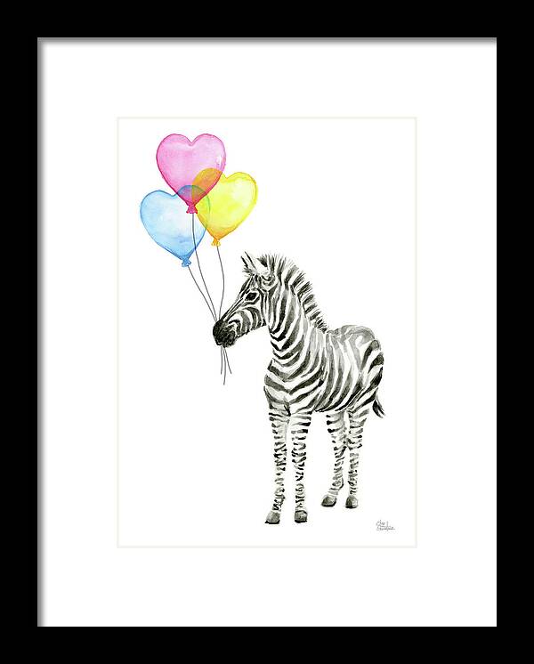 Zebra Framed Print featuring the painting Baby Zebra Watercolor Animal with Balloons by Olga Shvartsur