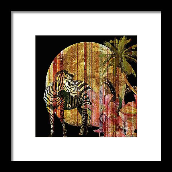 Zebra Framed Print featuring the painting Zebras Lilies and Moonlight by Saundra Myles