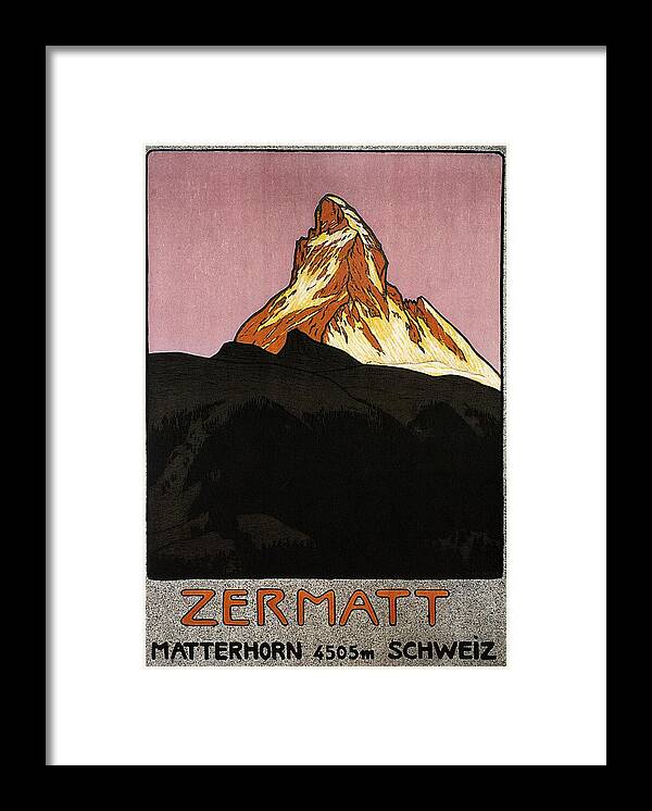 Zermatt Framed Print featuring the mixed media Zermatt, Switzerland - Matterhorn Mountain - Retro travel Poster - Vintage Poster by Studio Grafiikka