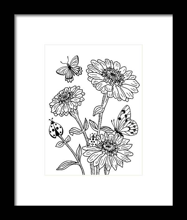 Zinnia Framed Print featuring the drawing Zinnia And Butterflies Drawing by Irina Sztukowski