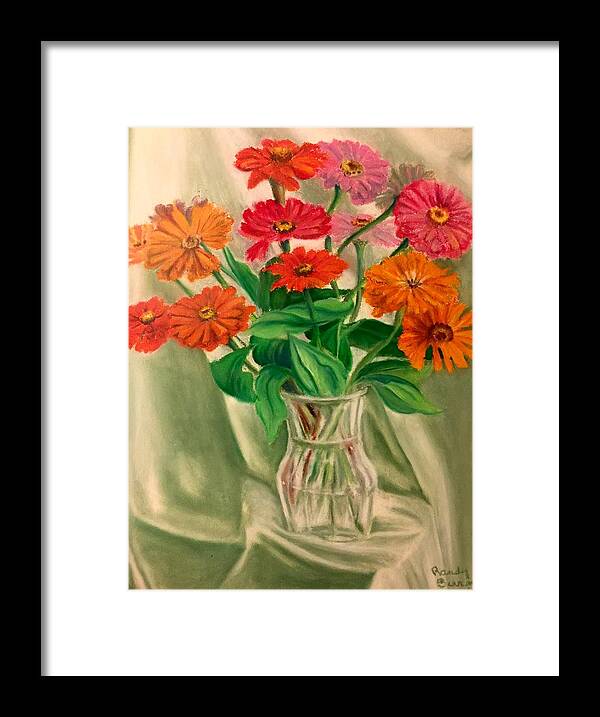 Zinnias Framed Print featuring the painting Zinnias Like Lights by Rand Burns