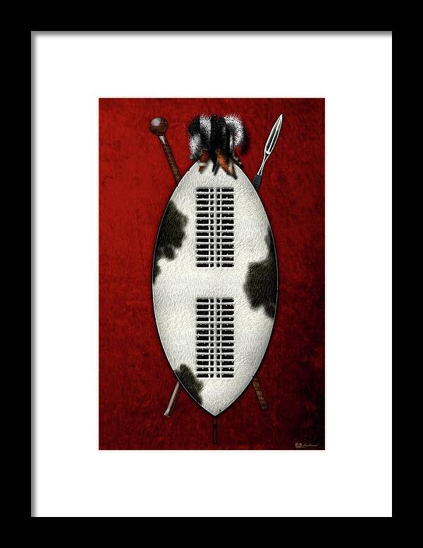 'war Shields' Collection By Serge Averbukh Framed Print featuring the digital art Zulu War Shield with Spear and Club on Red Velvet by Serge Averbukh