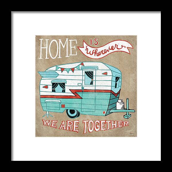 Blue Framed Print featuring the painting Adventure Love Camper Taupe #1 by Mary Urban