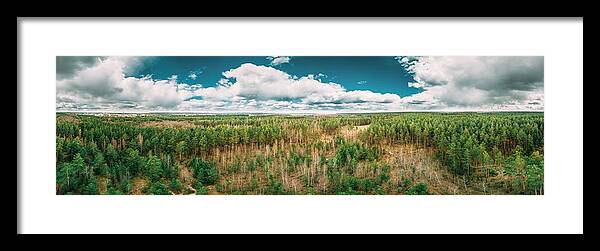 Landscapeaerial Framed Print featuring the photograph Aerial View Green Coniferous Forest #1 by Ryhor Bruyeu