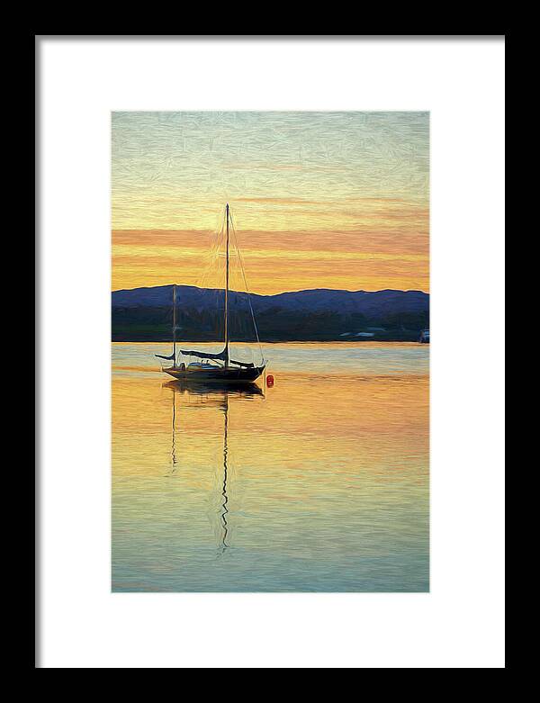 Beautiful Framed Print featuring the digital art Boat On A Lake at Sunset by Rick Deacon