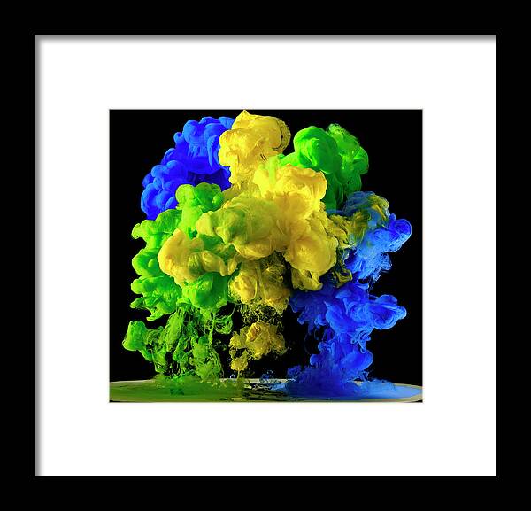 Art Framed Print featuring the photograph Brazil Flag Colours In Paint, Ink, Water #1 by Mark Mawson