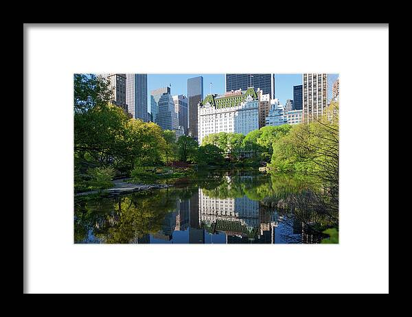 Reflection Framed Print featuring the digital art Buildings On Lake In Central Park, New York City, Usa #1 by Ditto