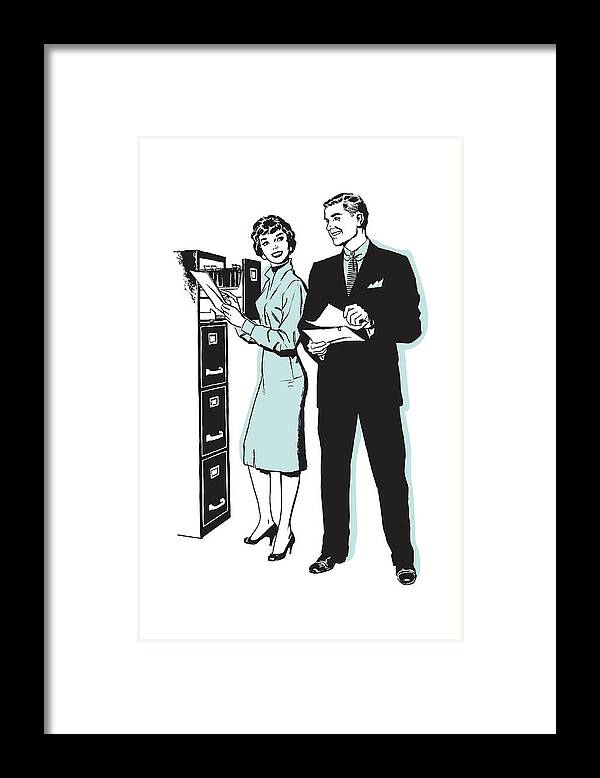 Administration Framed Print featuring the drawing Businessman and Businesswoman at File Drawer #1 by CSA Images