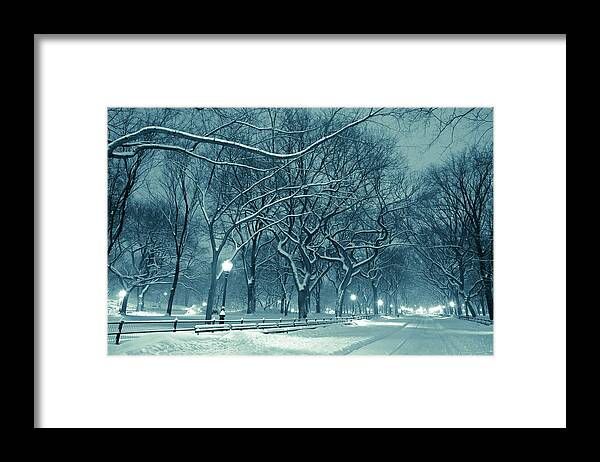 The Mall Framed Print featuring the photograph Central Park By Night During Snow Storm #1 by Pawel.gaul