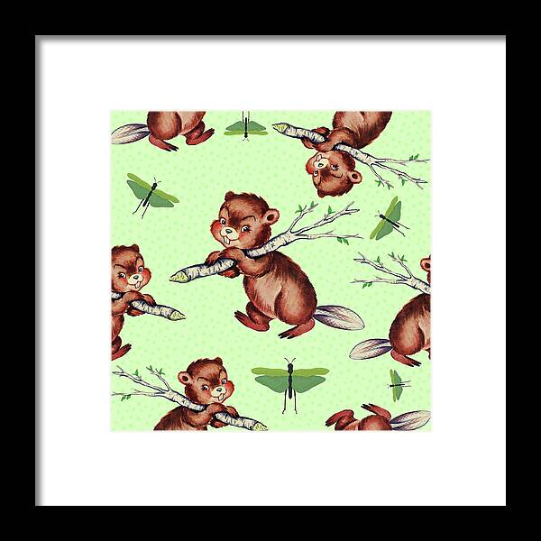 Cute Baby Beaver Pattern Framed Print featuring the digital art Cute Baby Beaver Pattern #1 by Tina Lavoie
