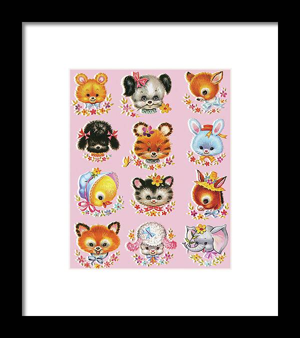Animal Framed Print featuring the drawing Cute Little Animals on Pink Background #1 by CSA Images