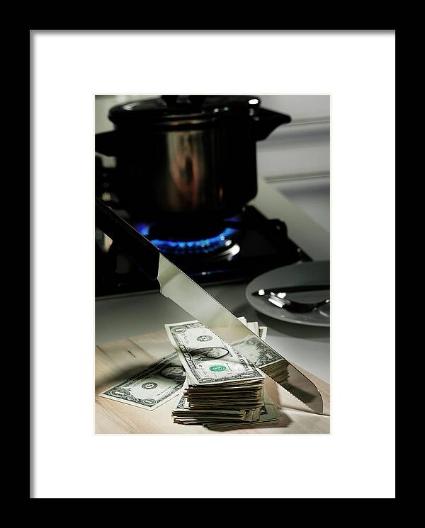 Problems Framed Print featuring the photograph Dollar Bills In Frying Pan On Stove #1 by Walter Zerla