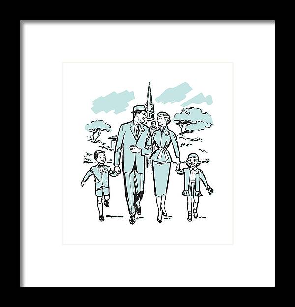 Adult Framed Print featuring the drawing Family of Four Leaving Church #1 by CSA Images