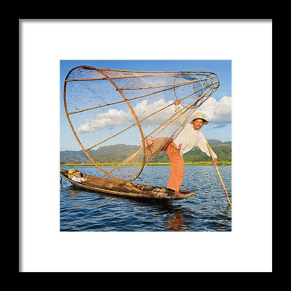 Young Men Framed Print featuring the photograph Fisherman On Inle Lake, Myanmar #1 by Hadynyah