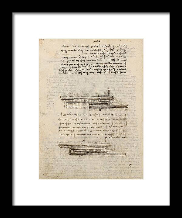 Codex Madrid I Framed Print featuring the drawing Folio f 111v. Codex Madrid I -Ms. 8937- 'Treaty of statics and mechanics', 192 folios with 384 pa... #1 by Album