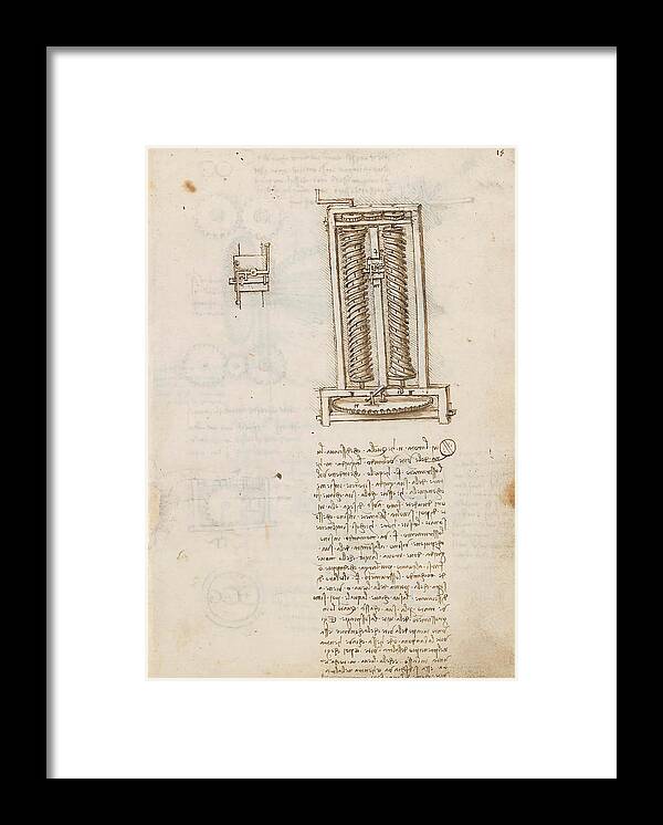 Codex Madrid I Framed Print featuring the drawing Folio f 15r. Codex Madrid I -Ms. 8937- 'Treaty of statics and mechanics', 192 folios with 384 pag... #1 by Album