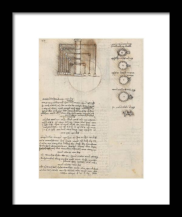 Codex Madrid I Framed Print featuring the drawing Folio f 97v. Codex Madrid I -Ms. 8937- 'Treaty of statics and mechanics', 192 folios with 384 pag... #1 by Album