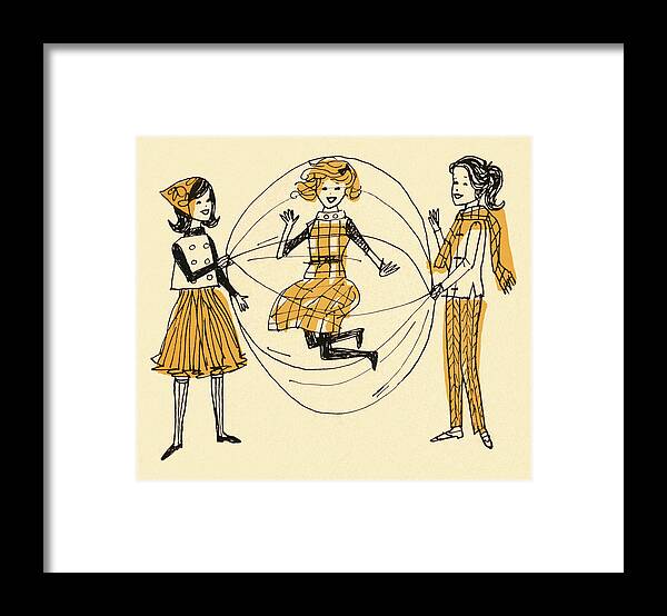 Activity Framed Print featuring the drawing Girls Playing Double Dutch Jump Rope #1 by CSA Images