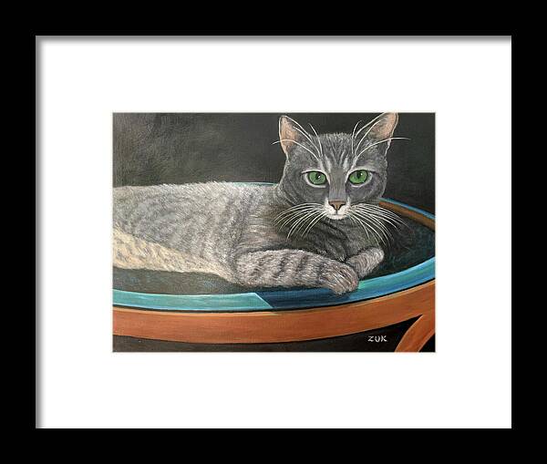 Karen Zuk Rosenblatt Art And Photography Framed Print featuring the painting Grey Tabby Cat by Karen Zuk Rosenblatt