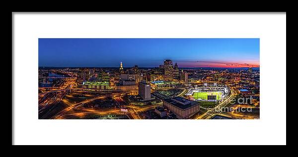 Hartford Framed Print featuring the photograph Hartford CT Twilight Panorama with Yard Goats Stadium by Mike Gearin