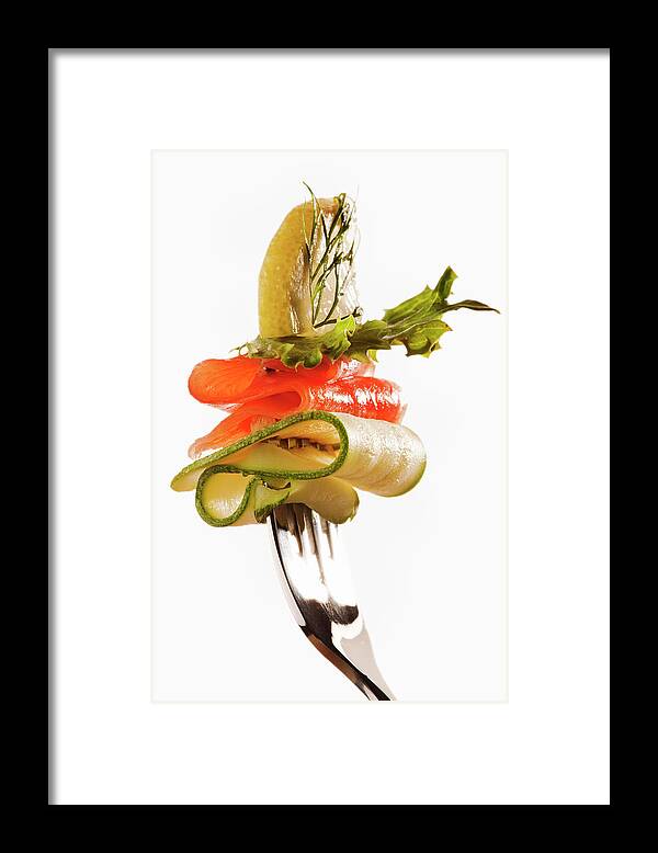 White Background Framed Print featuring the photograph Healthy Salmon Salad On A Fork #1 by Martin Harvey