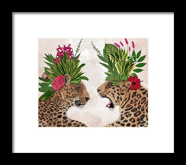 Steampunk Framed Print featuring the painting Hot House Leopards, Pair, Pink Green #1 by Fab Funky