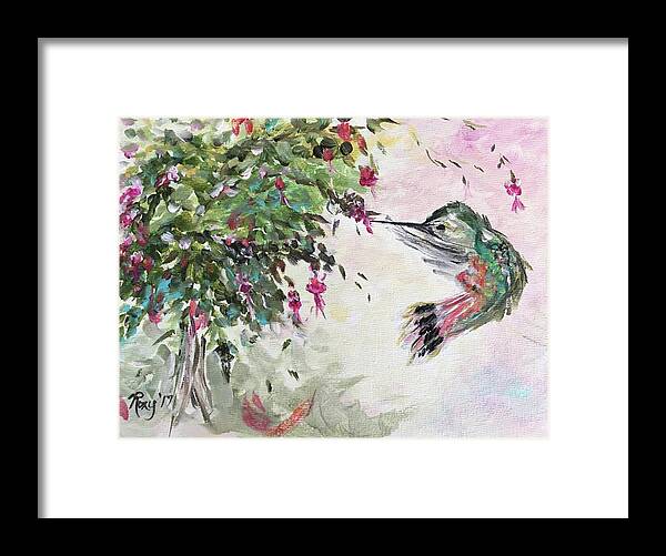 Hummingbird Framed Print featuring the painting Hummingbird with Fuchsias by Roxy Rich