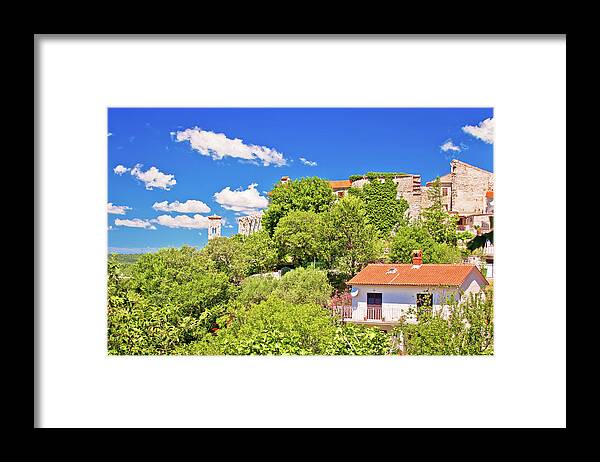 Plomin Framed Print featuring the photograph Idyllic istrian stone village of Plomin on green hill view #1 by Brch Photography