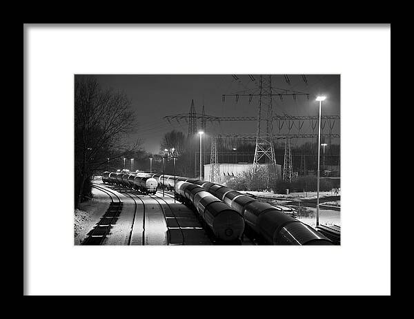 Snow Framed Print featuring the photograph Industry Railroad Yard At Night #1 by Michaelutech