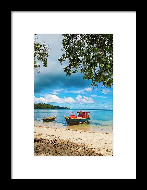 Anchored Framed Print featuring the photograph Local Fishermen Boat, Mahe, Republic #1 by Michael Defreitas