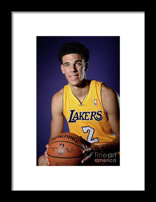 Lonzo Ball Framed Print featuring the photograph Los Angeles Lakers Introduce Lonzo Ball by Andrew D. Bernstein