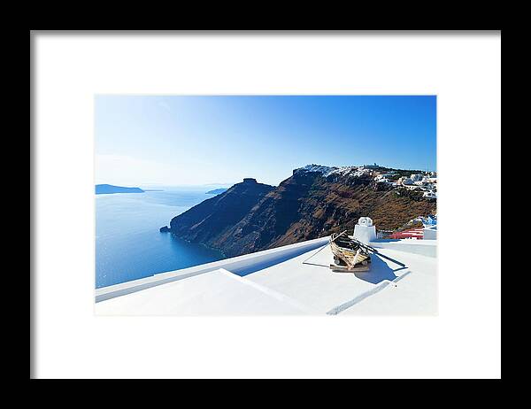 Greek Culture Framed Print featuring the photograph Obsolete Boat On Roof, Santorini Island #1 by Mbbirdy