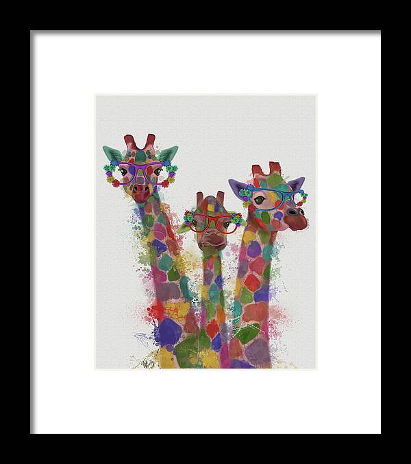 Steampunk Framed Print featuring the painting Rainbow Splash Giraffe Trio #1 by Fab Funky